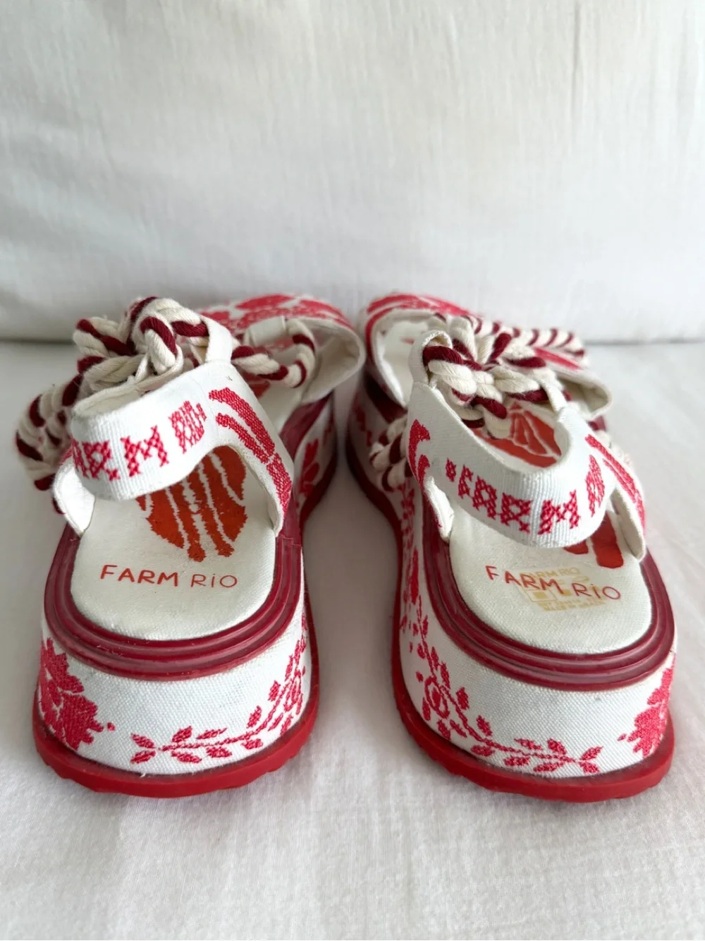 Farm Rio Red & White Embroidered Platform Sandal